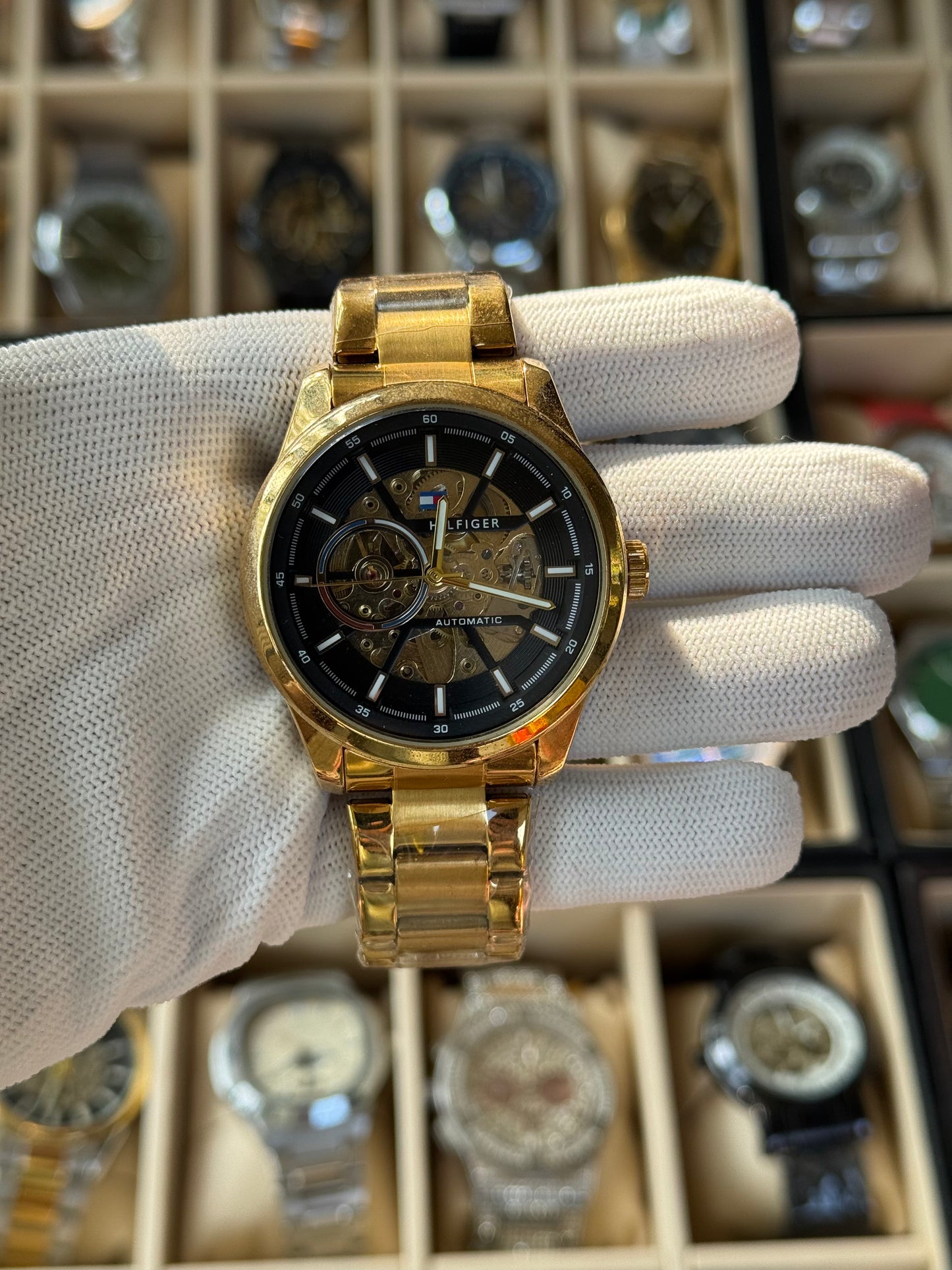 HILFIGER Automatic Skeletone Dial Stainless Steel Gold Watch for Men