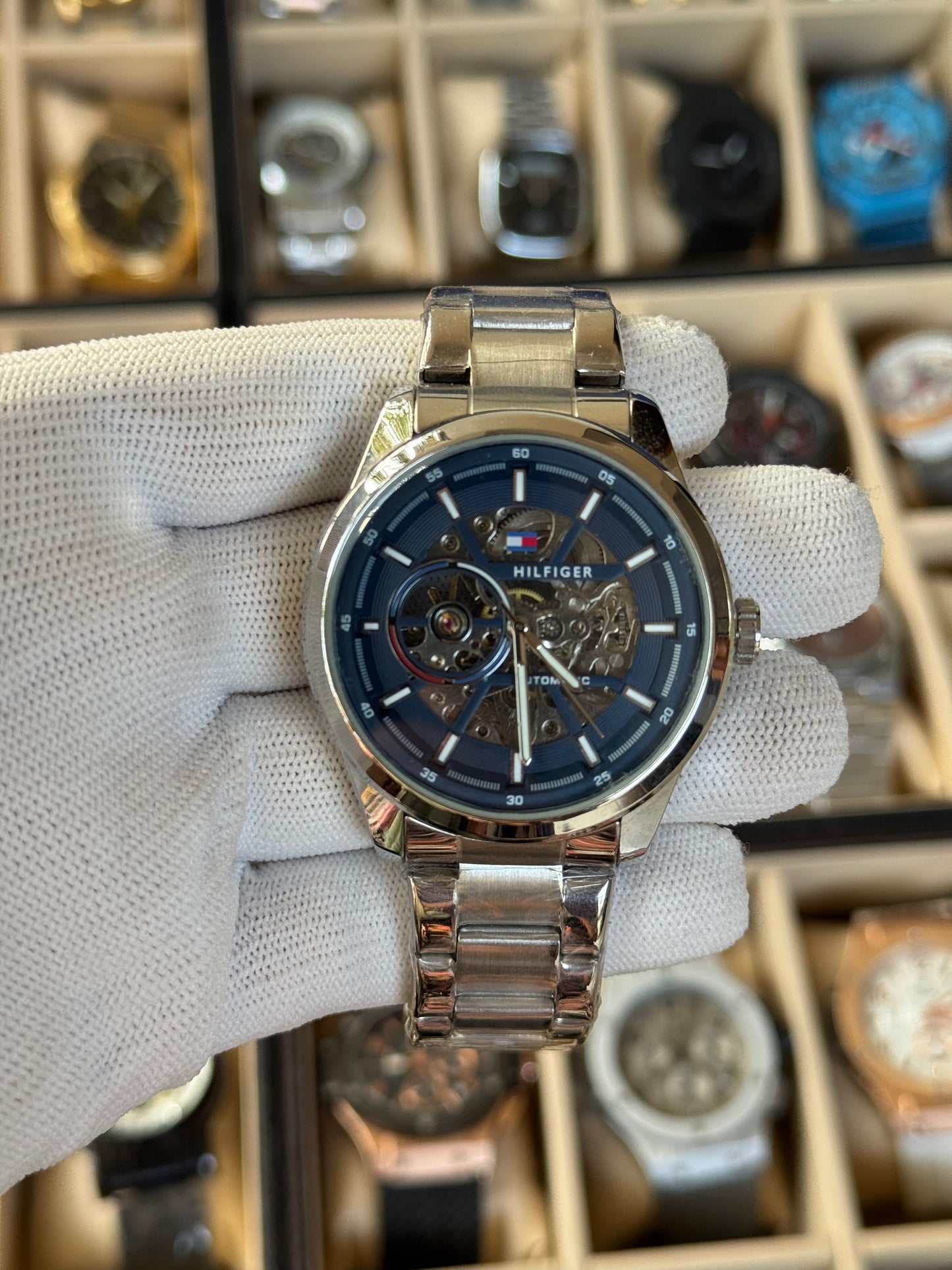 HILFIGER Automatic Blue Dial Skeleton, Stainless Steel Silver Watch For Men