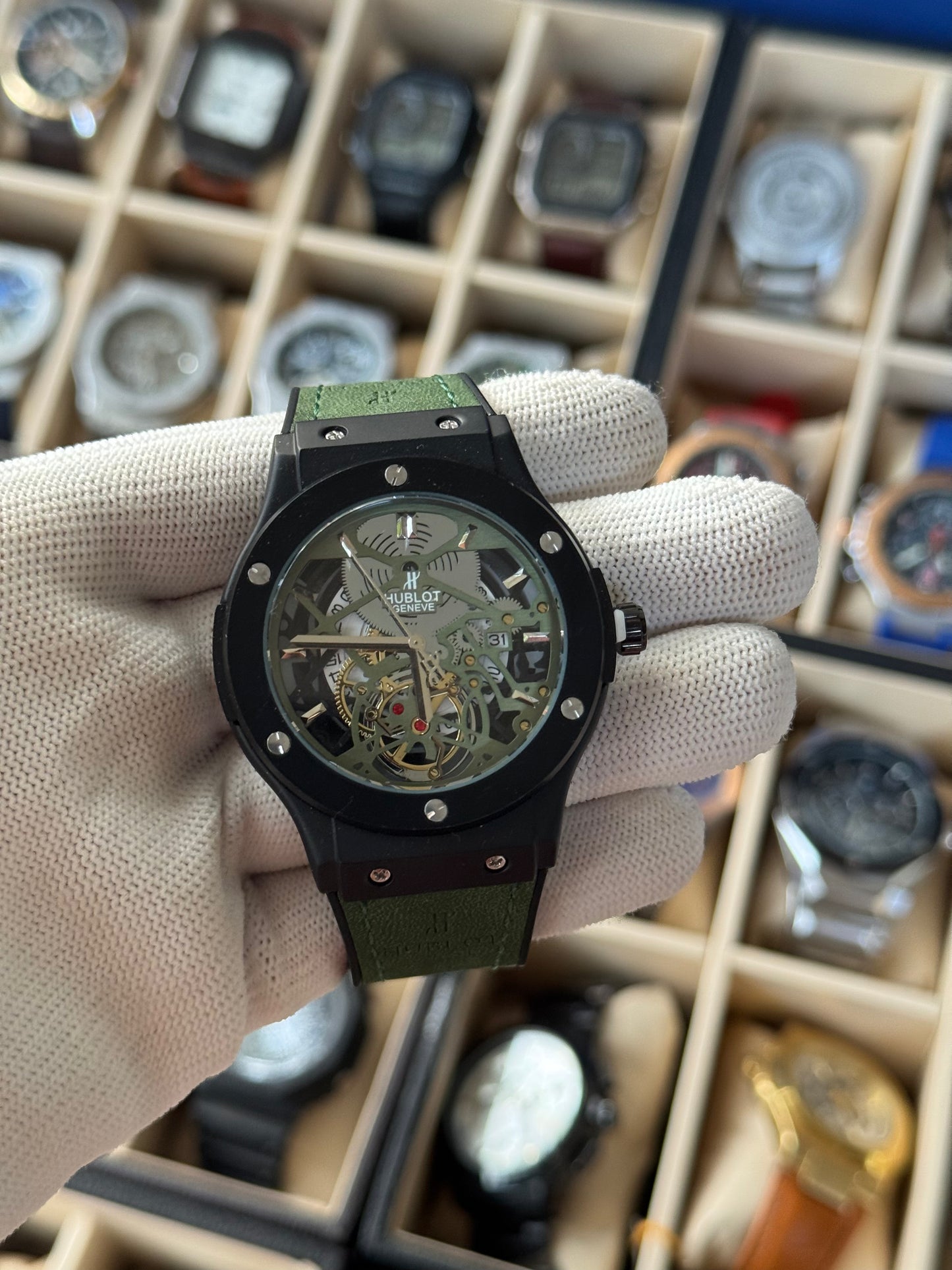 HUBLOT Leather Watch With Date, Skeleton Dial