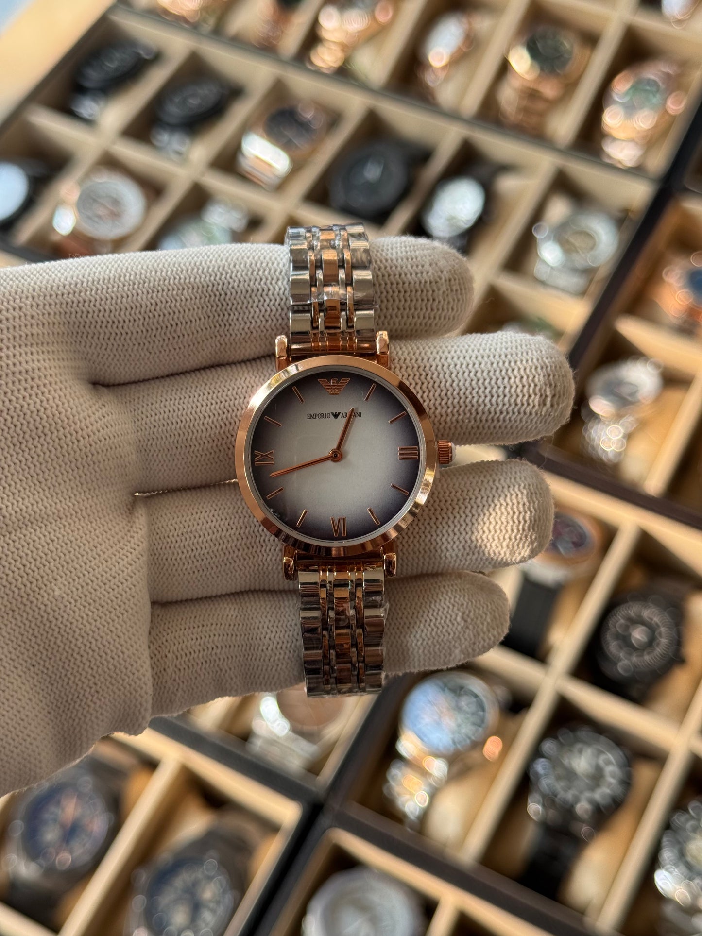 EMPORIO ARMANI Classic Quartz Grey Dial Two-Tone Women's Watch