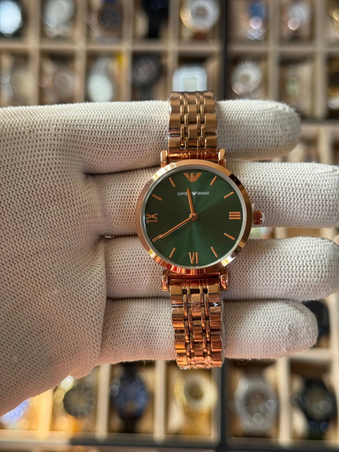 EMPORIO ARMANI Stylish Watch With Crystal Green Dial For Girls & Ladies With Box Oman online store