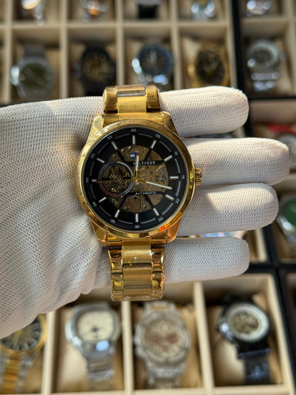 HILFIGER Automatic Skeletone Dial Stainless Steel Gold Watch for Men