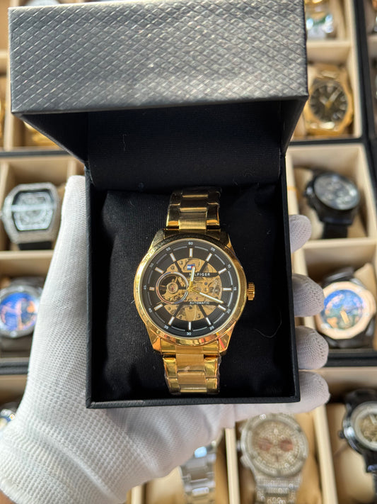 HILFIGER Automatic Skeletone Dial Stainless Steel Gold Watch for Men