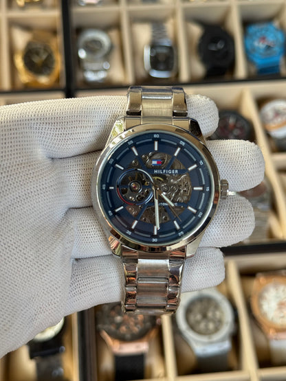 HILFIGER Automatic  Blue Dial Skeleton, Stainless Steel Silver Watch For Men