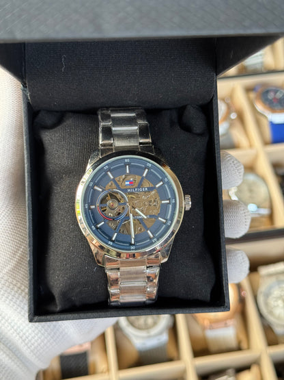 HILFIGER Automatic  Blue Dial Skeleton, Stainless Steel Silver Watch For Men