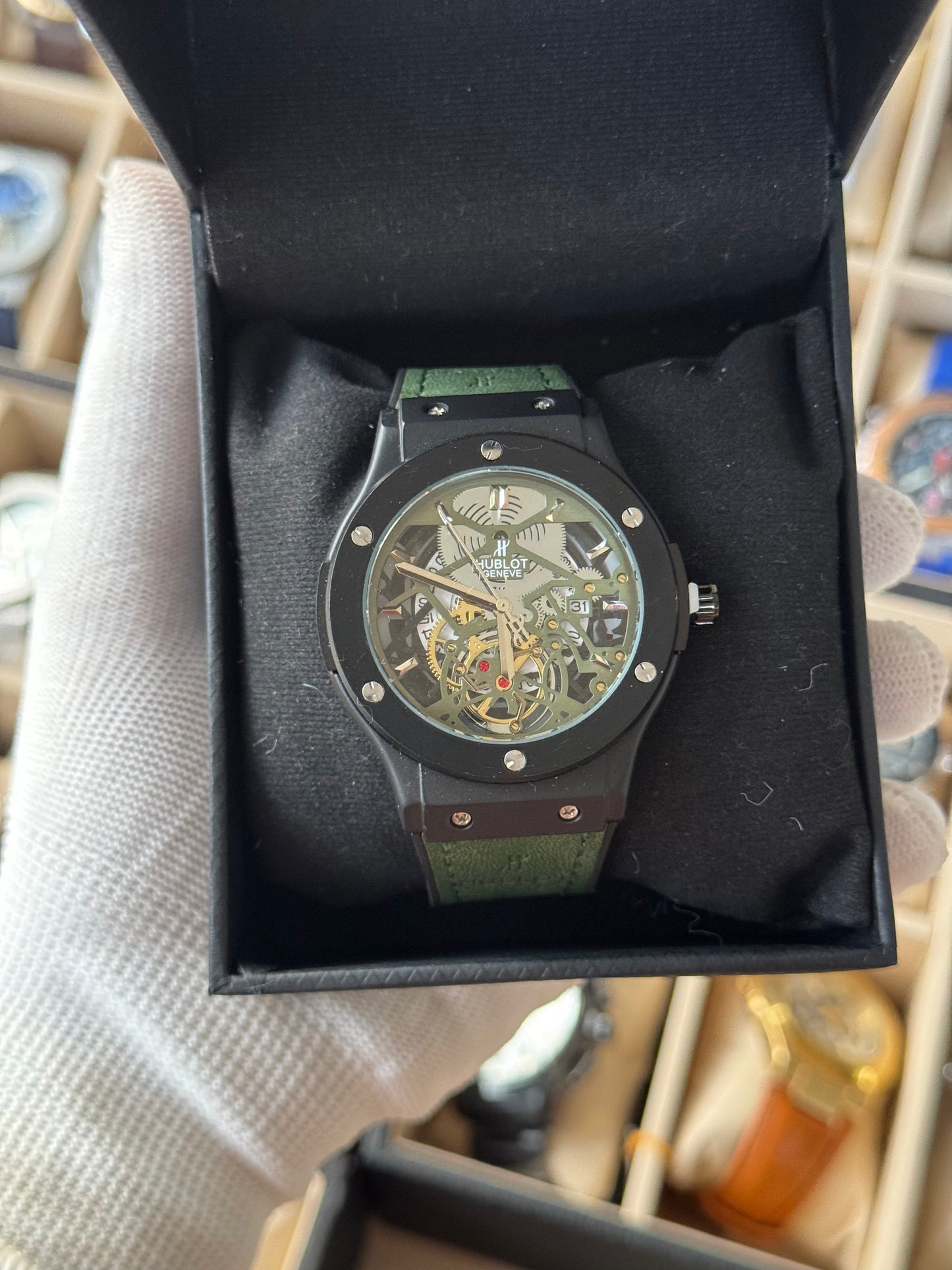 HUBLOT Leather Watch With Date, Skeleton Dial