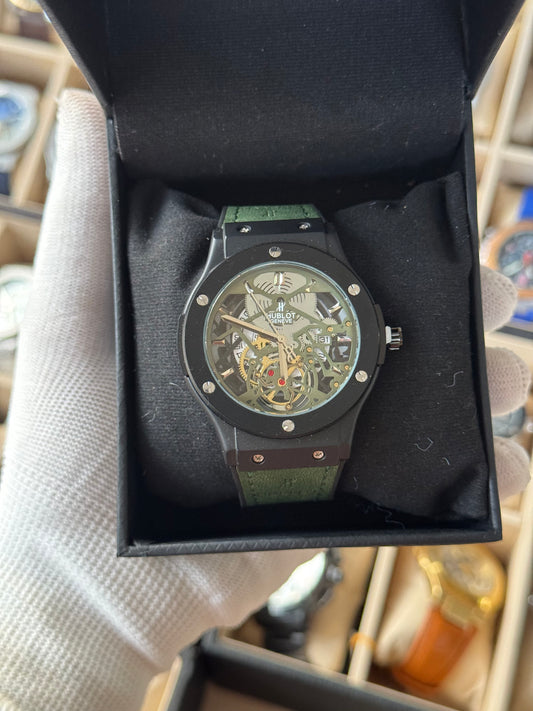 HUBLOT Leather Watch With Date, Skeleton Dial
