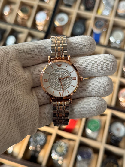 EMPORIO ARMANI Analog White Crystal Pave Dial Two-Tone Women's Watch