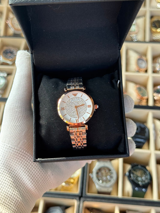 EMPORIO ARMANI Analog White Crystal Pave Dial Two-Tone Women's Watch