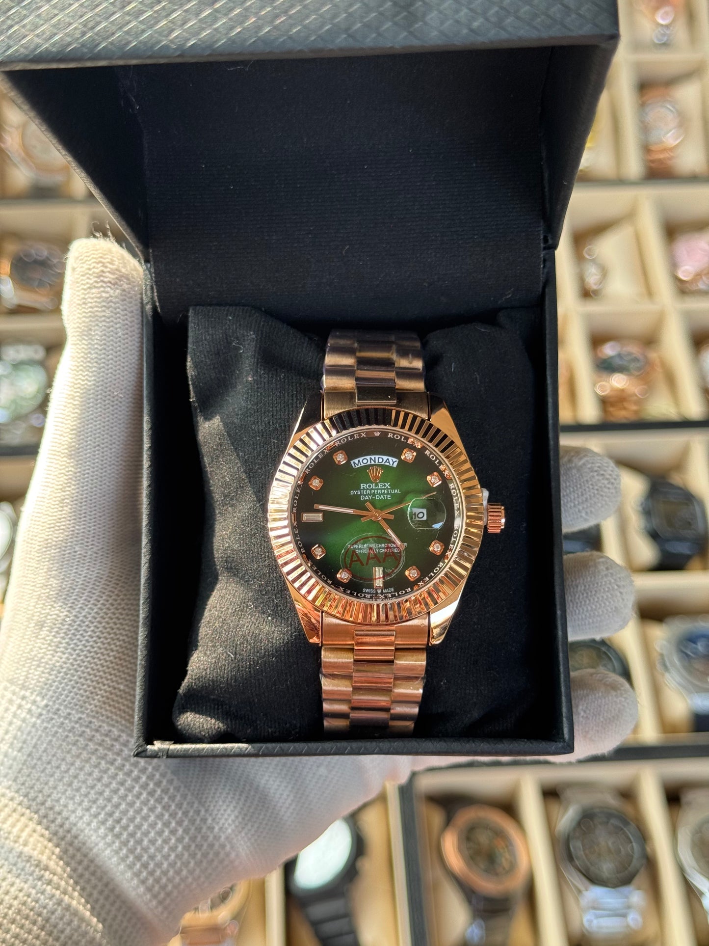 ROLEX Luxury Watch , Stainless Steel Heavy case& Golden Band ,green dial, for Man & Woman With Box