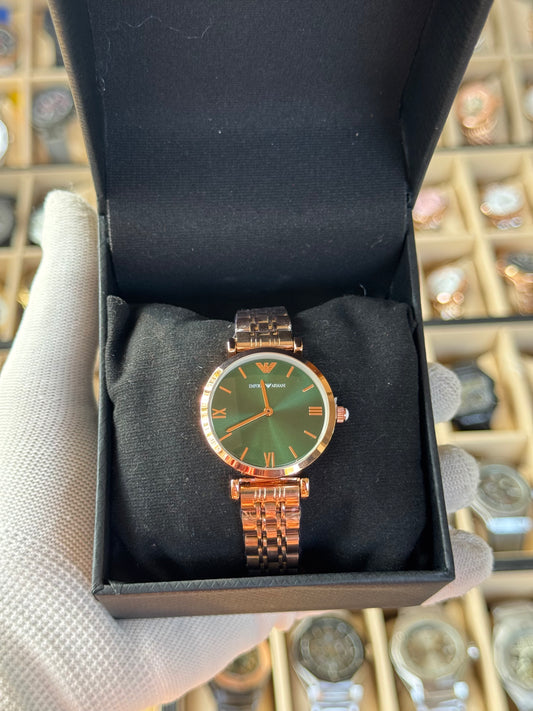 EMPORIO ARMANI Stylish Watch With Crystal Green Dial For Girls & Ladies With Box