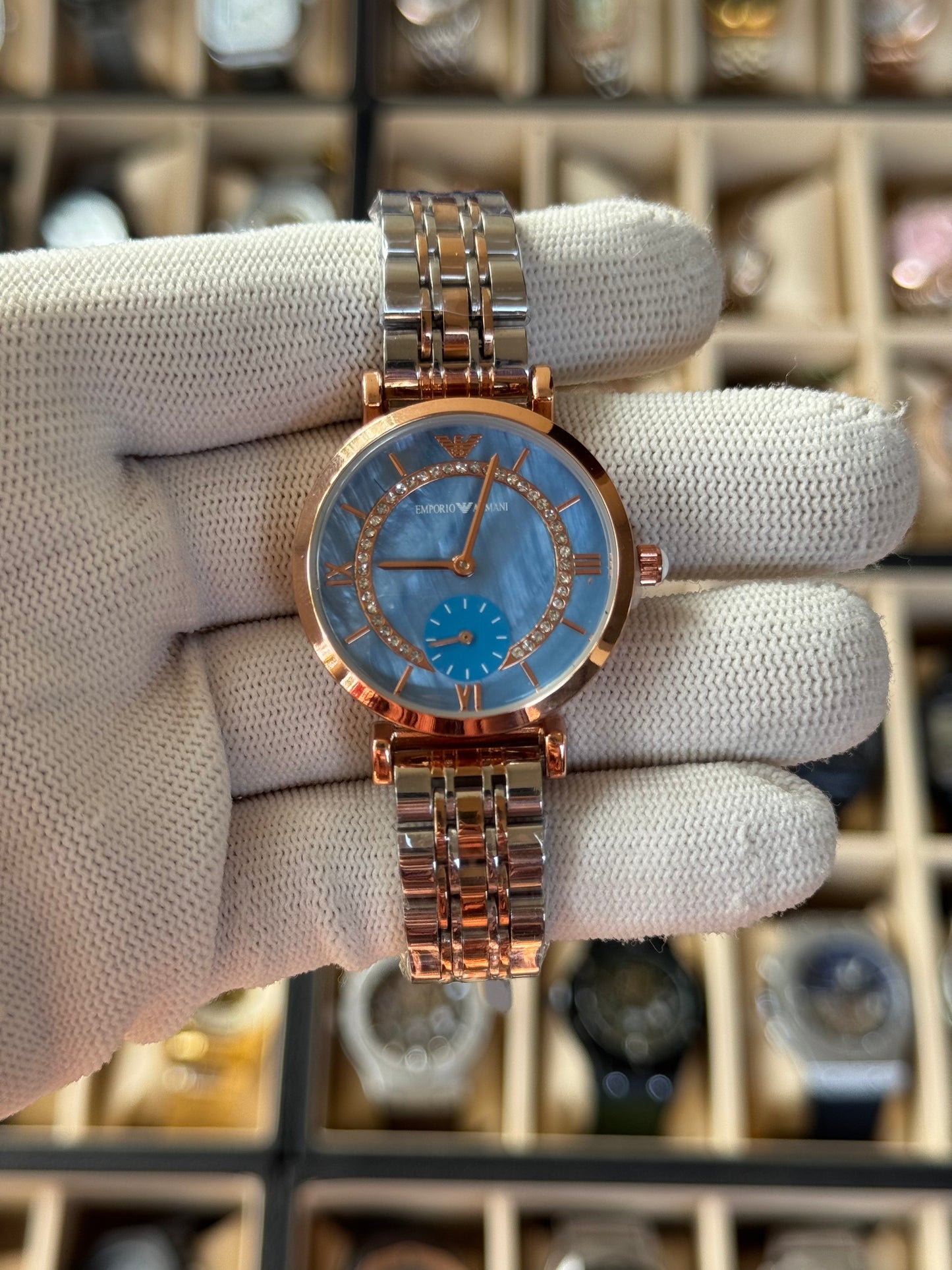 EMPORIO ARMANI Rose Gold Blue Dial Watch FOR Girls & Ladies