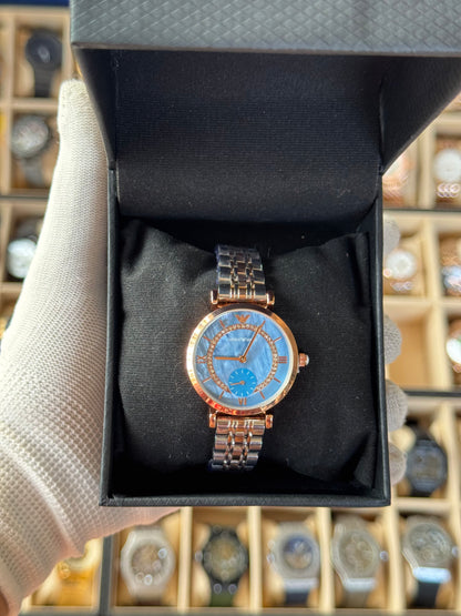 EMPORIO ARMANI Rose Gold Blue Dial Watch FOR Girls & Ladies