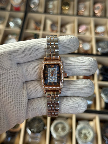 EMPORIO ARMANI Stylish Rose Gold & Silver,Blue Dial Ladies Watch