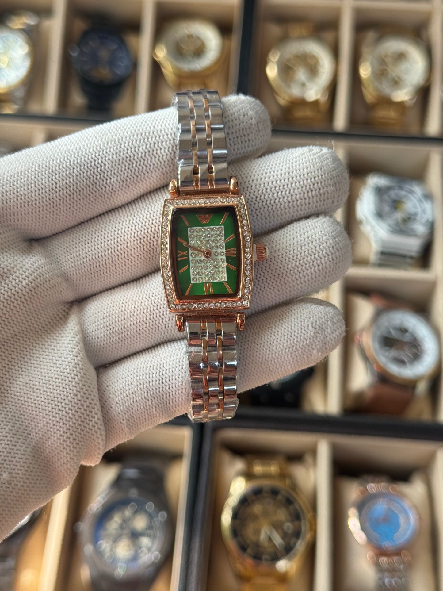 EMPORIO ARMANI Stainless Steel Silver & Rose Gold, Green Dial With Stone