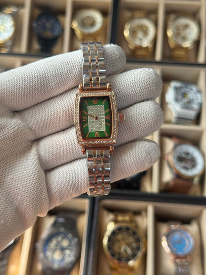 EMPORIO ARMANI Stainless Steel Silver & Rose Gold, Green Dial With Stone