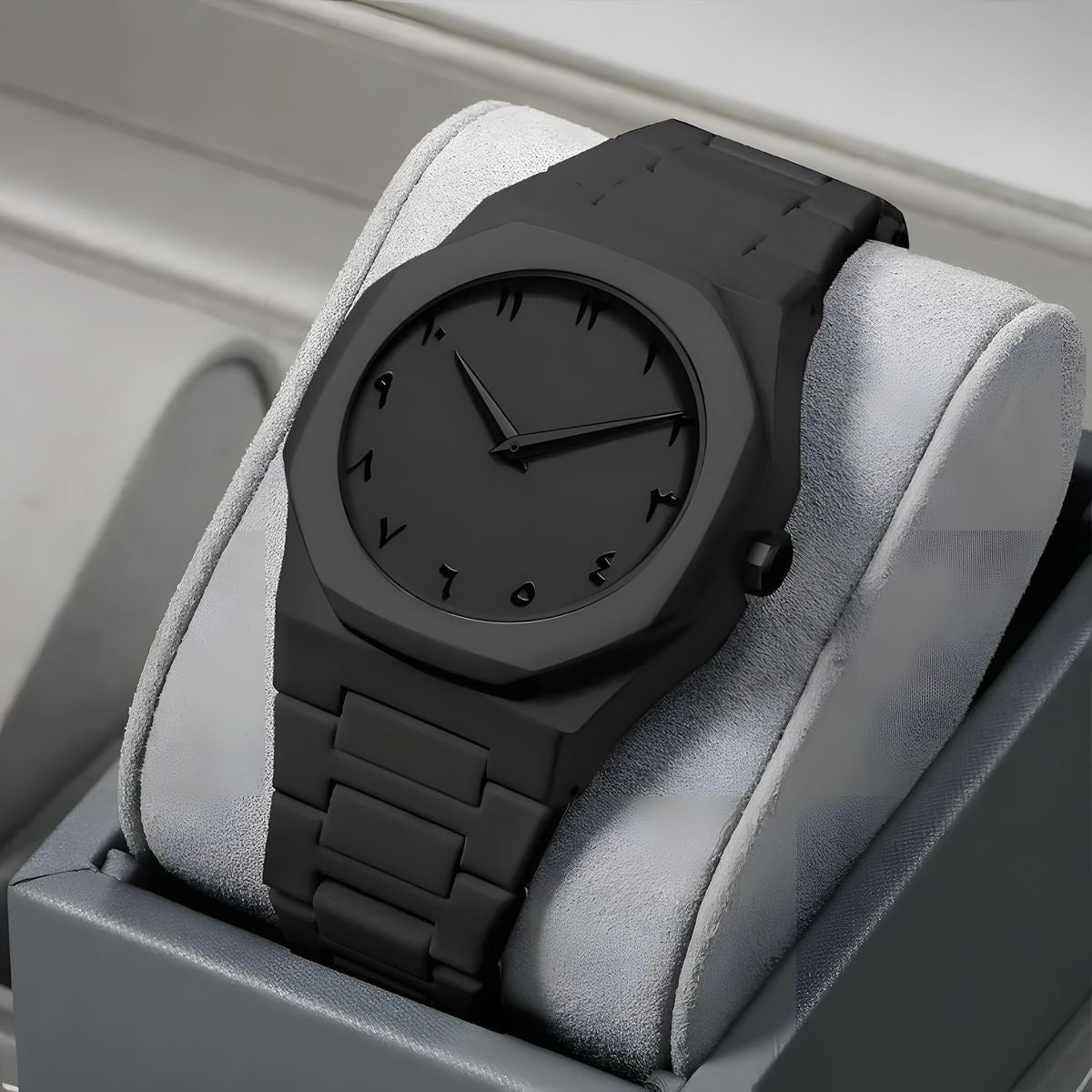 Arabic Aura Black Watch, Black Dial with Arabic Numerals Waterproof Daily Fashion Style Stainless Steel Band Glass Watch Analog Watch