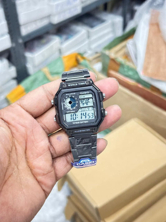 Casio Vintage World Time Digital Watch – 10-Year Battery, Stainless Steel Strap